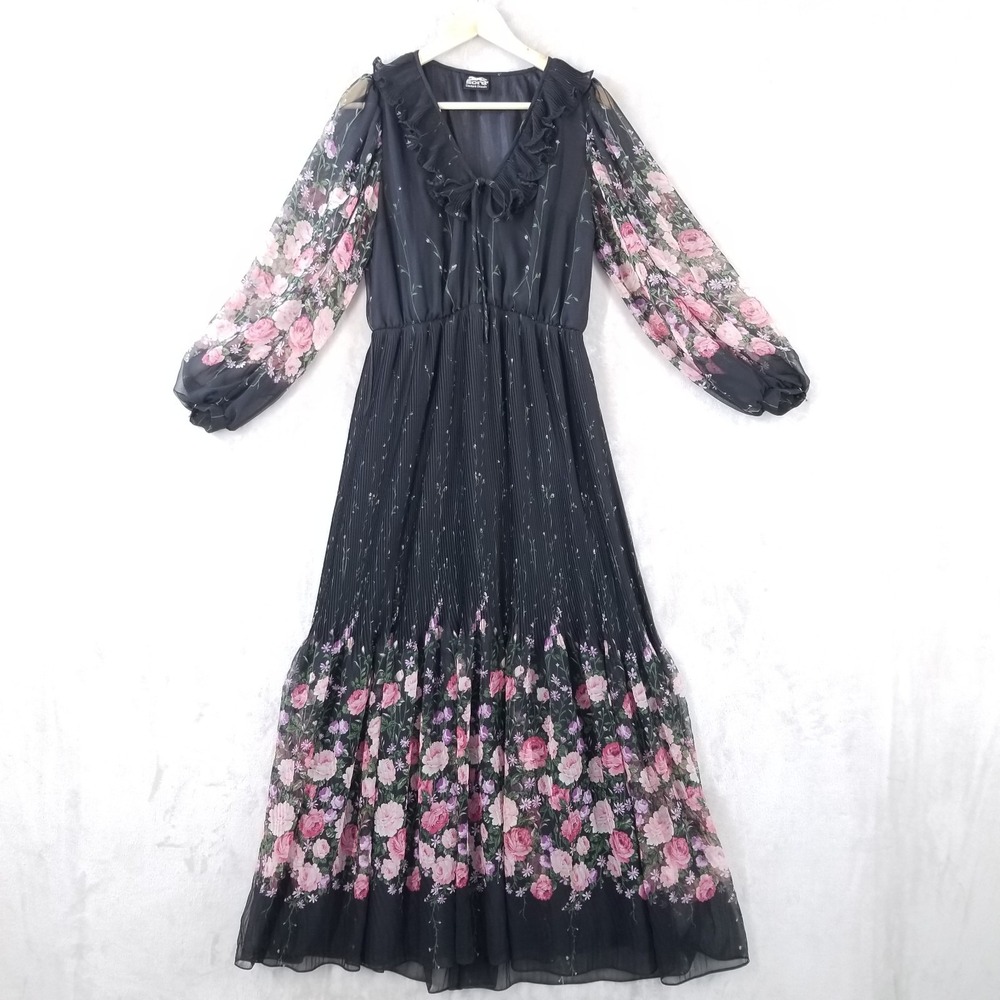 Vtg Maxi Dress Black Floral Chiffon Balloon Sleeve Pleated‎ Y2K Fairy Goth Gown